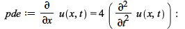 pde := diff(u(x, t), x) = `+`(`*`(4, `*`(diff(u(x, t), t, t)))); -1